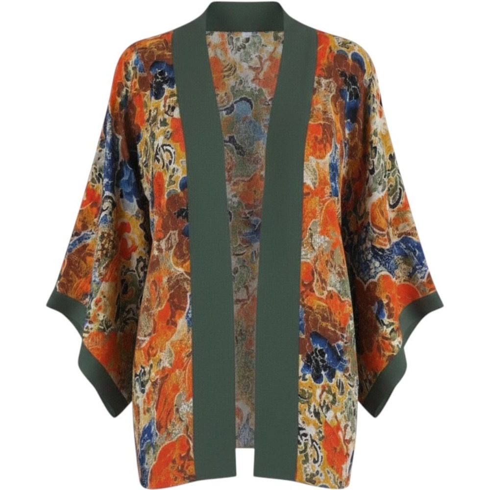 Soft Surroundings XL Abstract Floral Kimono Wrap Open Front Olive Green